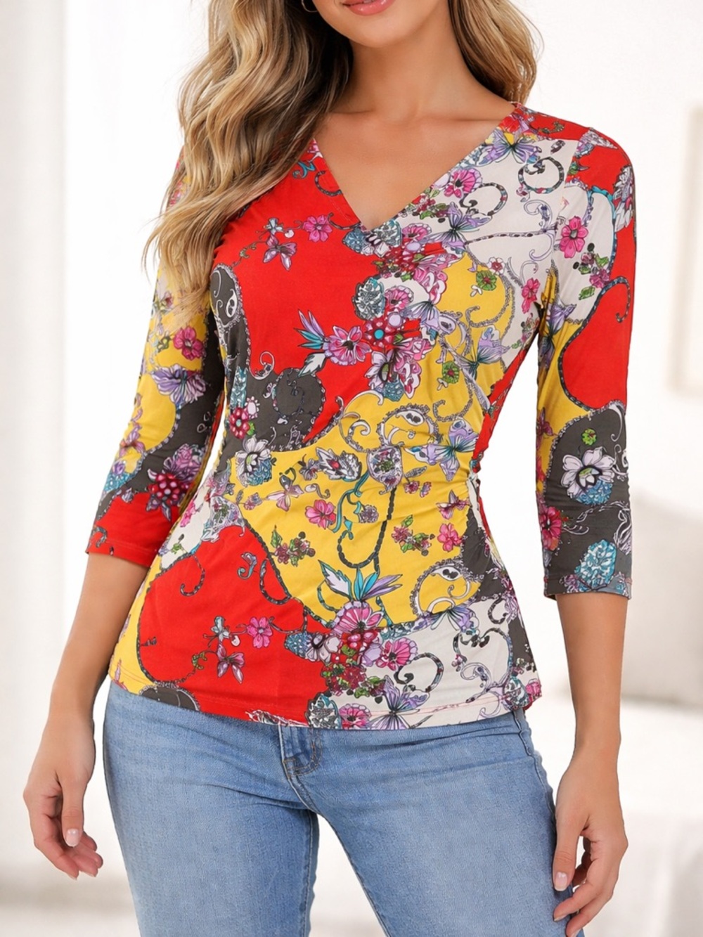 NWT Carmen Marc Valvo Kitschy Y2K Retro Paisley Patchwork Ruched Bohemian Blouse